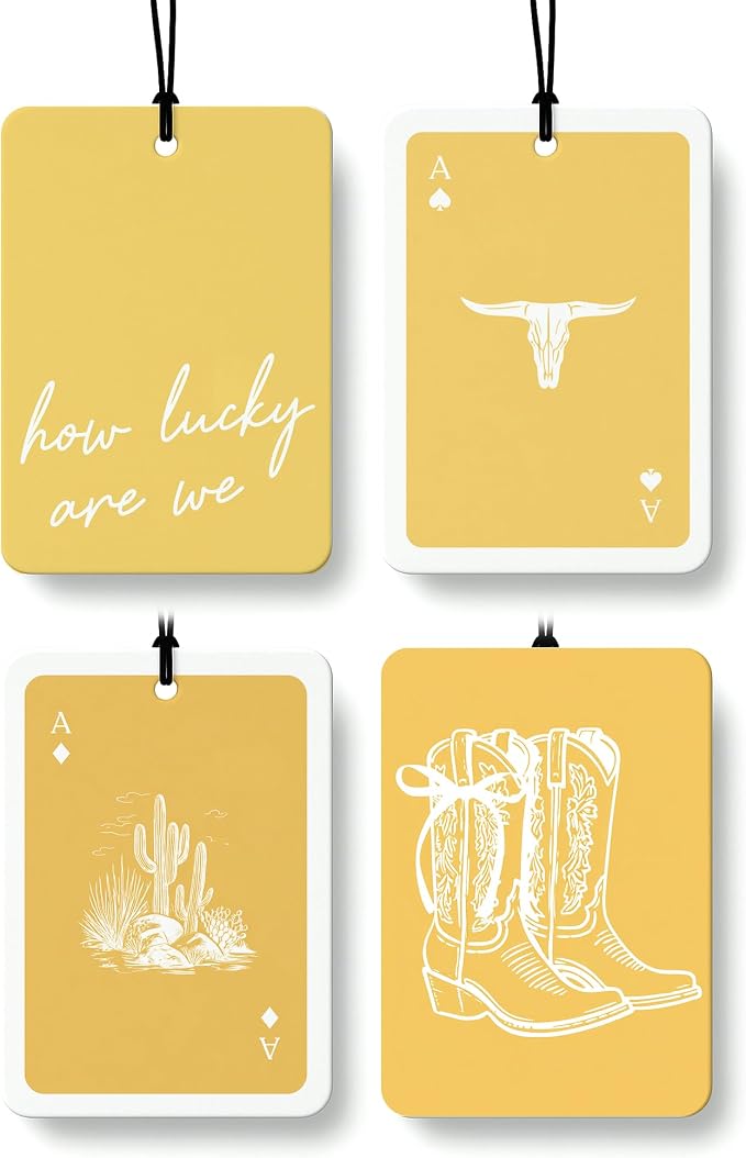 Boho Yellow Western Car Air Freshener 4 Pcs, Preppy Cow Skull Cactus Cowgirls Boots Hanging Air Freshener for Cars Closet Drawer Books, Western Car Accessories Mirror Decor for Women