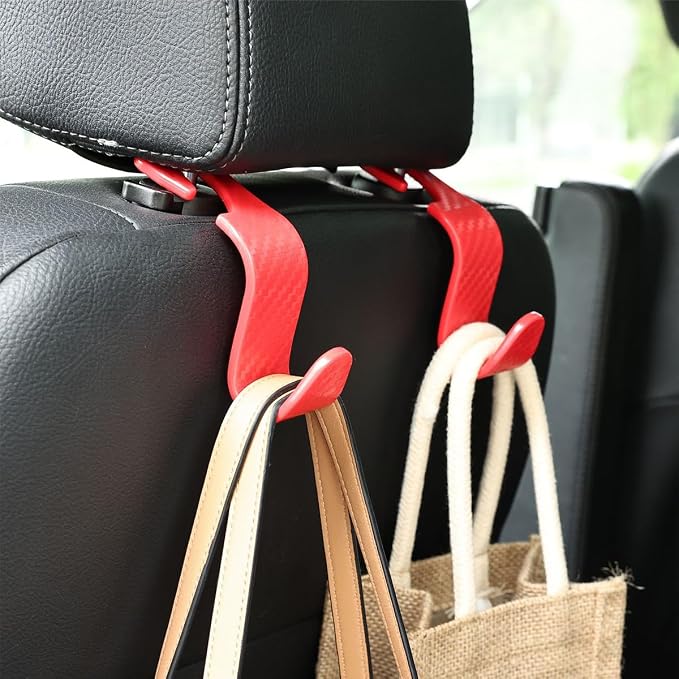 Car Seat Headrest Hook, 4 Pack Auto Seat Hanger Storage Organizer for Purse Handbag Coats Grocery Bags, Car Interior Accessories, Universal Vehicle Backseat Plastic Hanging Hook (Red)