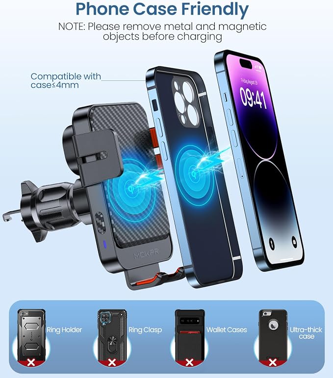 Wireless Car Charger, 15W Fast Charging Auto-Clamping Car Mount Hands-Free Car Charger Mount for Dash Windshield Air Vent Compatible with iPhone 16 15/14/13/12, Samsung S23/S22/S21,red