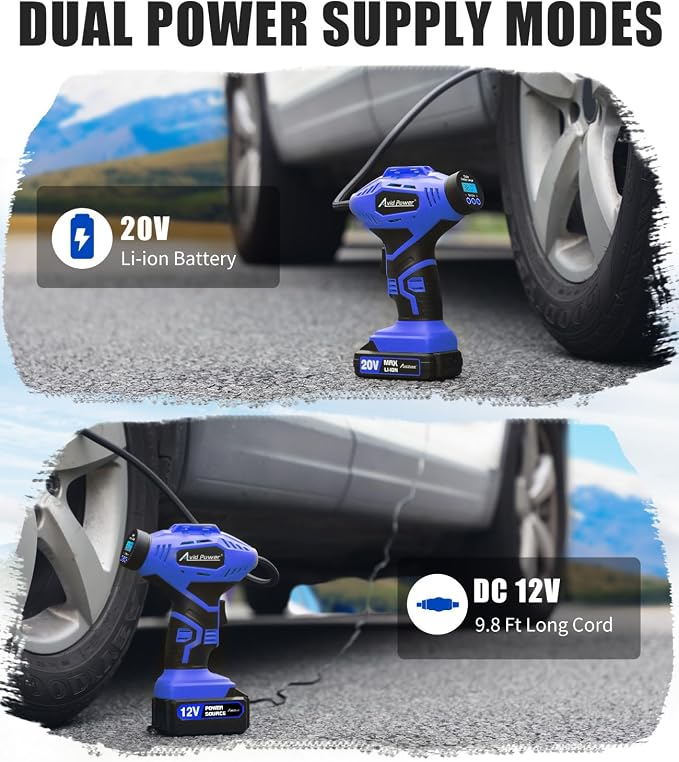 Cordless Tire Inflator Portable Air Compressor, 20V Rechargeable Battery Powered Car Tire Pump w/ 12V DC Adapter, Digital Pressure Gauge, Air Pump for Car, Bike, Motorcycle, Ball