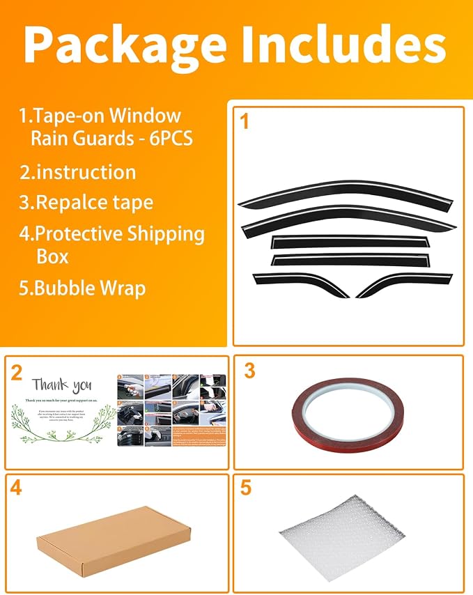 6-pcs Low-Profile Window Rain Guard for 2014-2023 Jeep Cherokee Rain Guards Side Window Visors Extra-Thick Vent Visor Window Deflectors Tape-on Vent Shades Car Accessories