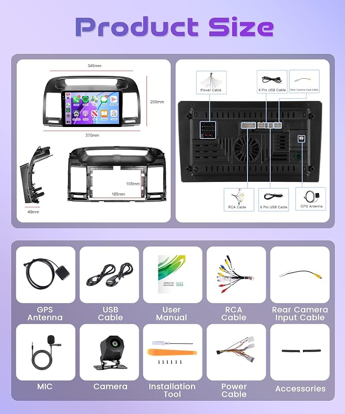 4GB+64GB Android 15 Car Stereo for Toyota Camry 2000-2006, 9" INCELL Touchscreen Radio with Wireless CarPlay Android Auto, GPS WiFi Bluetooth FM/RDS EQ SWC Backup Camera