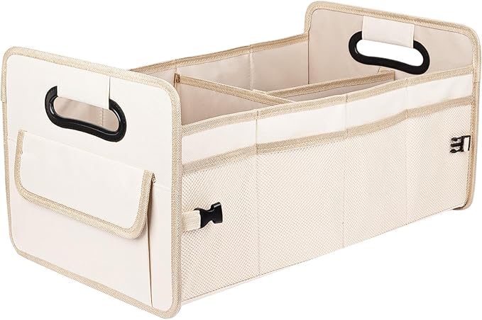 Car Trunk Organizer, Car Organizers and Storage Collapsible Multi Compartment Container Box, Adjustable Car Accessories for SUV Sedan Truck, Standard Size, Beige