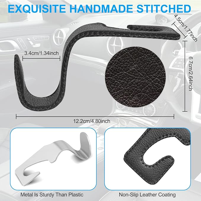 Seat Hooks for Purses and Bags, 4 Pack Car Purse Holder for Grocery Bag Handbag Clothes, Metal Headrest Hooks Covered by Leather, Black