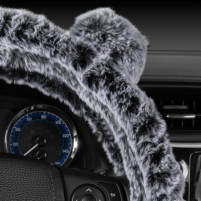 Faux Fur/Wool/Sheepskin Steering Wheel Cover for Women - Cute, Bear Fur, Soft, Fluffy, and Warm, Great for Winter Gray with Ears, 14.5-15