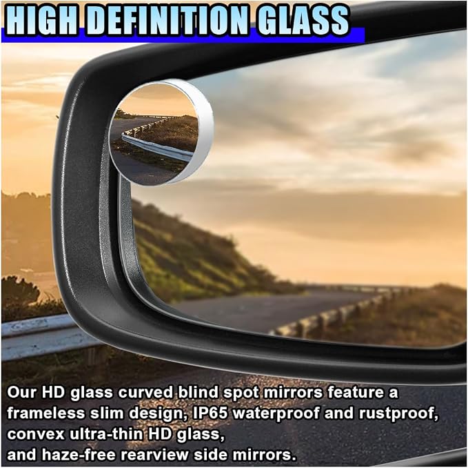 2PCS Blind Spot Car Mirror, HD Glass Rotate Adjustable Car Side Mirror, Round Frameless Wide-angle Blind Spot Mirror, Universal Convex Rear View Mirror for Car, SUV, Truck (Round)