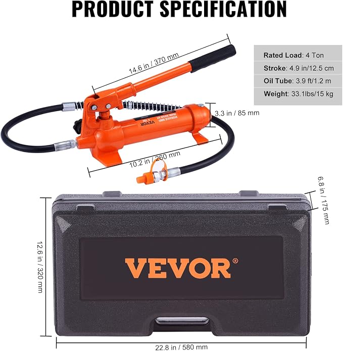 4 Ton Porta Power Kit, Portable Hydraulic Jack with 3.9 ft/1.2 m Oil Hose, Auto Body Frame Repair Kit with Storage Case for Car Repair, Truck, Farm (8800 LBS)