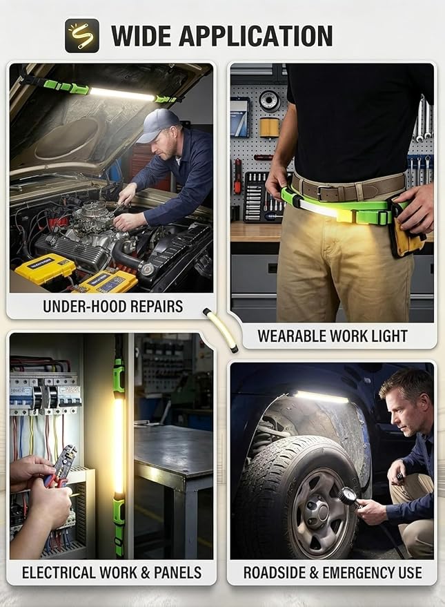 Foldable Underhood Work Light, 1500LM Ultra-Bright LED Mechanics Light Bar, 8000mAh Rechargeable Maintenance Light with Magnet & Hooks, Dual Color Temp, IP54 Waterproof for Car Repair, Garage, Green