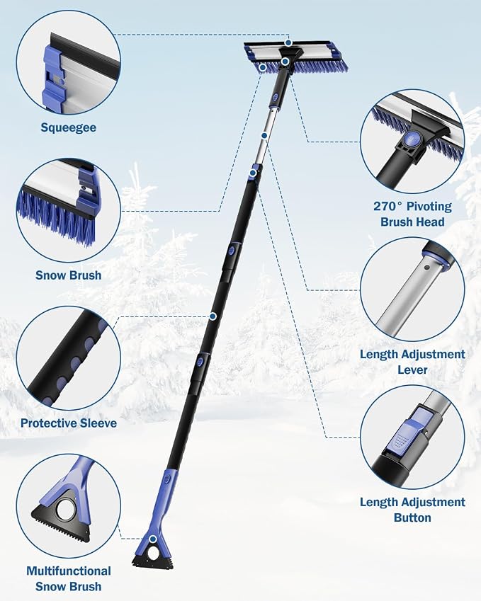 47.7″ Extendable Snow Brush and Ice Scraper, 270° Pivoting Snow Scraper Brush for Car Windshield, Telescoping Ice Scraper, Foam Grip, Heavy Duty Snow Remover for Cars, Trucks, SUV (Blue)