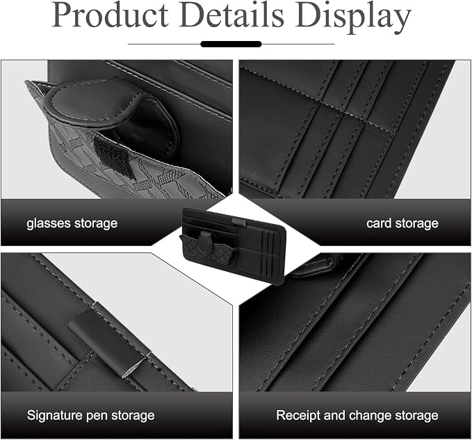 Car Sun Visor Organizer, Leather Multi-Pocket Auto Visor Storage Pouch for Sunglasses Cards License, Waterproof Car Interior Space-Saving Accessories, Universal for Most Cars (Black)