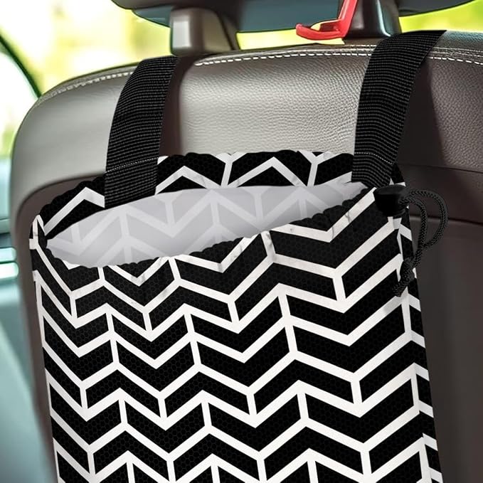 Car Trash Bag Hanging Back of Seat Waterproof Small Cute Printed One-Handed Strap Drawstring Garbage Bags for Car-Black White