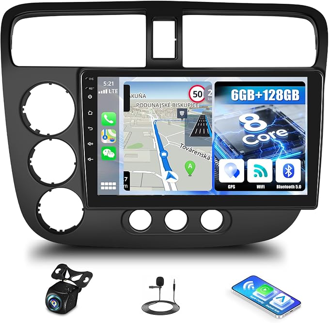 【8 Core 6+128G】 Android 15 Car Stereo for Honda Civic 2001-2005 Wireless CarPlay Android Auto 9” IPS Touch Screen Unit with Bluetooth5.0 32-EQ DSP GPS WiFi 59-UIs AHD Rear Camera Three Split Screen