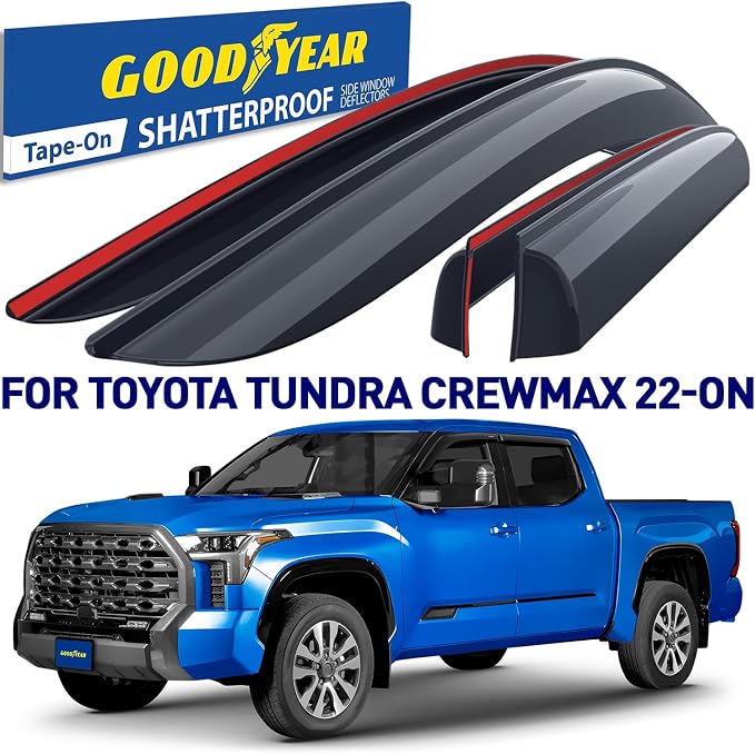 Goodyear Shatterproof Window Deflectors for Toyota Tundra 2022-2026 CrewMax, Tape-on Rain Guards, Window Visors, Vent Deflector Visor, Car Accessories, 4 pcs. - GY008923