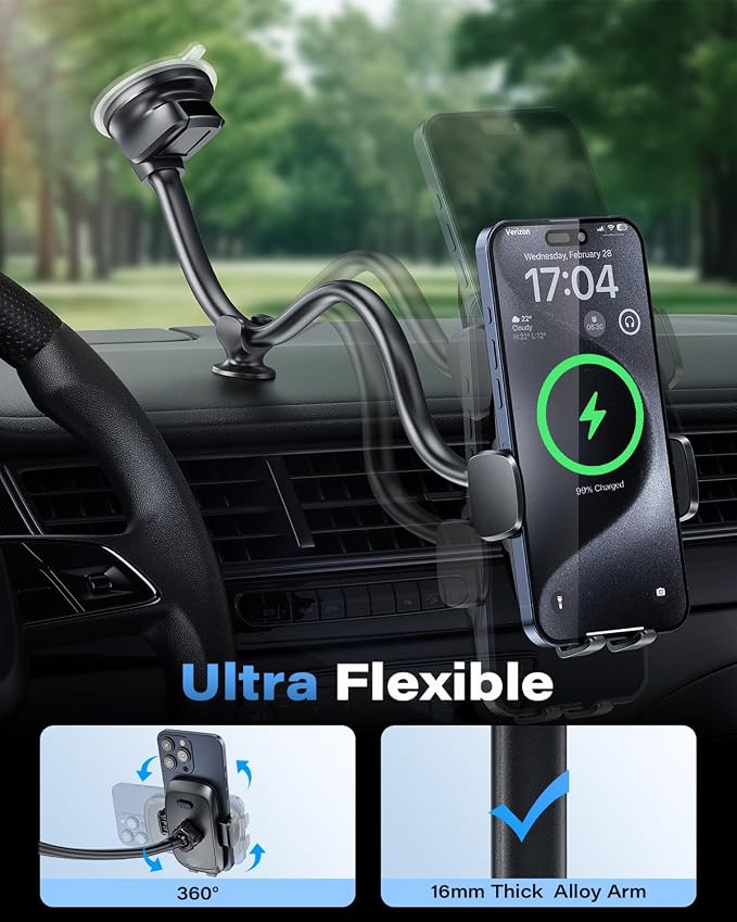Solid Car Truck Phone Mount Wireless Charger Holder with 14-Inch Gooseneck Long Arm for iPhone 15 Pro Max Plus 14 13 12 11 XS X Samsung S24 Ultra S23 S22 S22 S21 S20 Pixel 9 Pro XL 8 7 6 5 4
