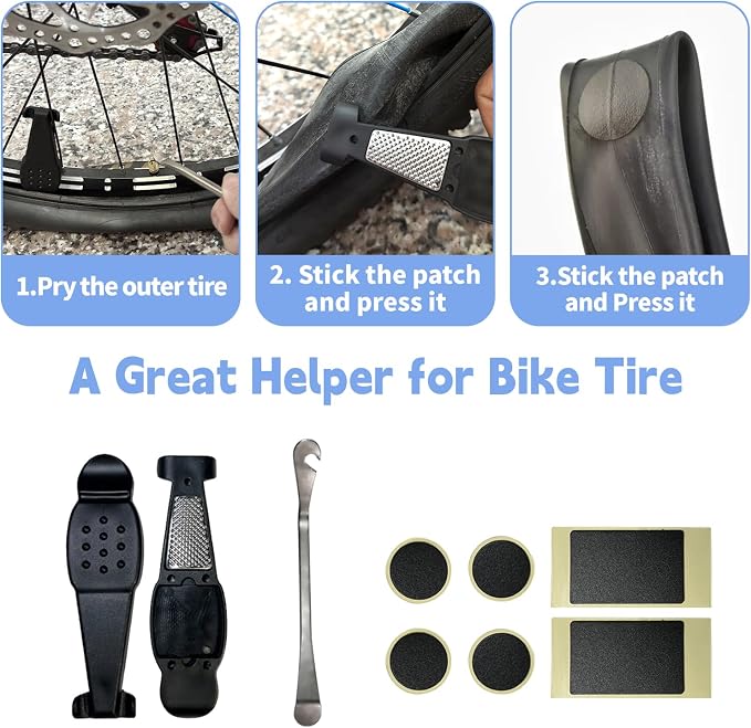 Bike Tire Repair Kit, 21-PC with 16-in-1 Multitool & Saddle Bag - Portable Bicycle Emergency Tool Set for Road, Mountain & Commuter Bikes - Glueless Patches, Emergency Flat Tire Repair