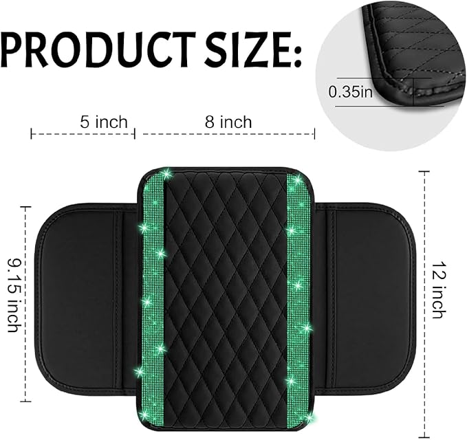 Bling Car Center Console Cover, Leather Car Arm Rest Cover Cushion with 2 Storage Bags, Universal Auto Armrest Protector Storage Box, Bling Accessories Interior for Most Vehicles (Green)