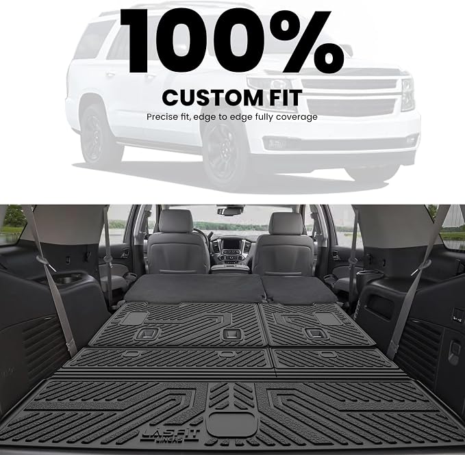Trunk Mat with Backrest Mat 2015-2020 for GMC Yukon (Only Yukon, Not Fit Yukon XL)/Cadillac Escalade (Only Escalade, Not Fit Escalade ESV)/Chevrolet Chevy Tahoe, All Weather TPE Custom Fit