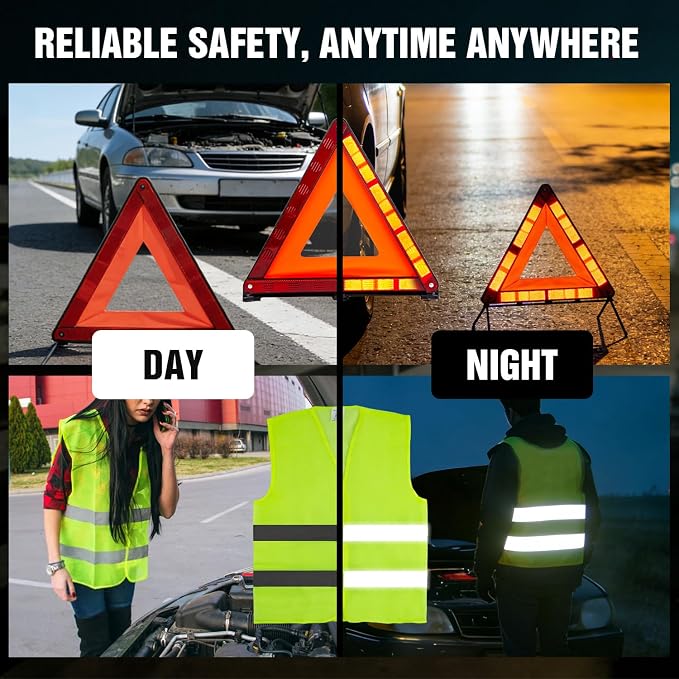Emergency Warning Triangle Kit – Roadside Safety Kit with Reflective Warning Triangles, High-Visibility Safety Vests, Storage Bag & Gloves for Car Breakdowns & Emergencies