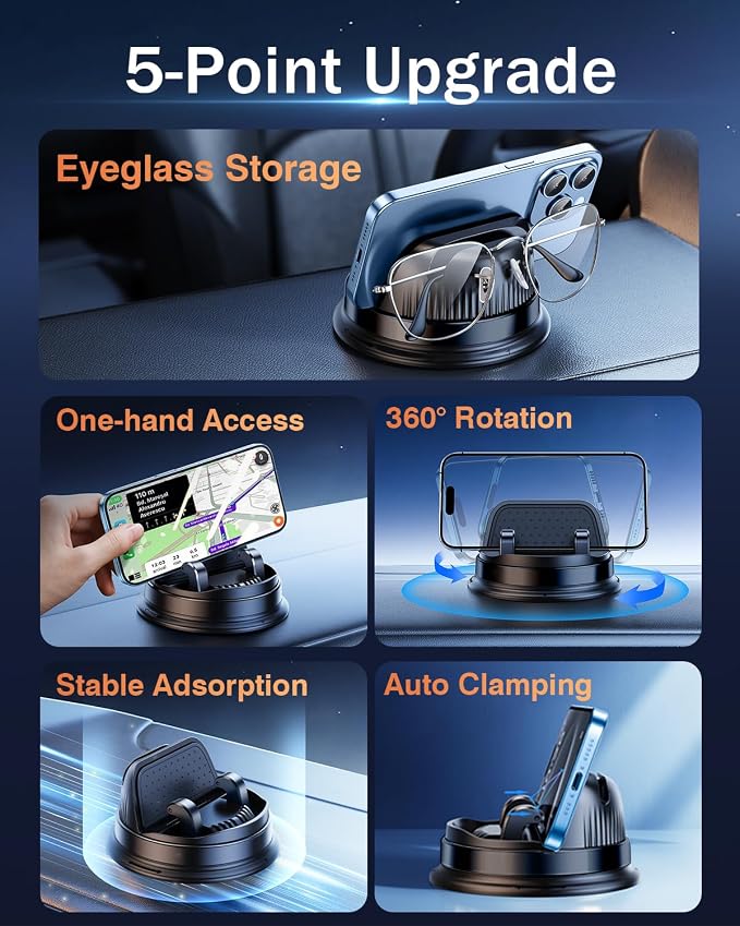 Dash Cell Phone Car Mount, Multifunctional Car Dashboard Mobile Phone Holder, 360 Rotatable Universal Dash Mounted Car Phone Stand Hands Free, Compatible with iPhone, Samsung, Google, Android