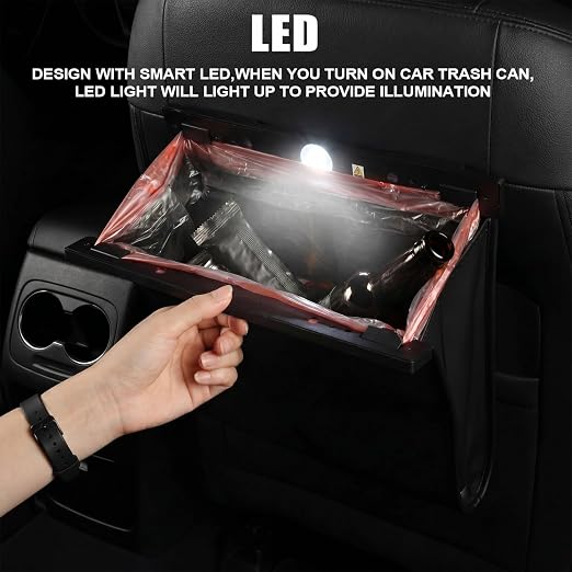 Car Trash Can with Smart LED Light, Magnetic Closure Leather Car Trash Bin, Cars Garbage Organizer and Storage with Automotive Trashs Bag for Backseat Console Door Suvs, Leak Proof Odor Lock