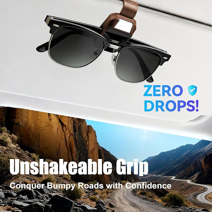 2 Pack Sunglasses Holder for Car, One-Handed-Operation Visor Sunglass Holder Clip, Easy Access Storage for Driving,Universal Fits (Textured Brown)