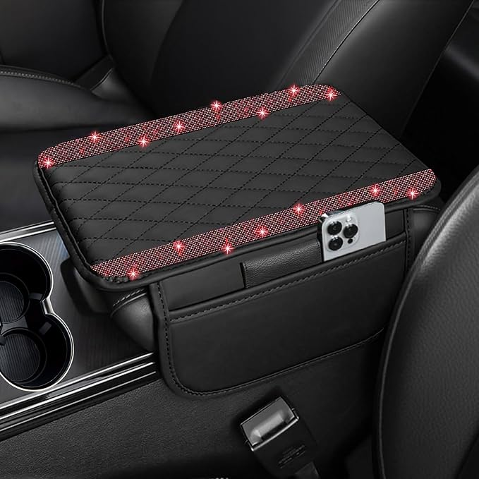 Bling Car Center Console Cover, Leather Car Arm Rest Cover Cushion with 2 Storage Bags, Universal Automotive Armrest Protector Storage Box, Bling Accessories Interior for Most Vehicles (Red)
