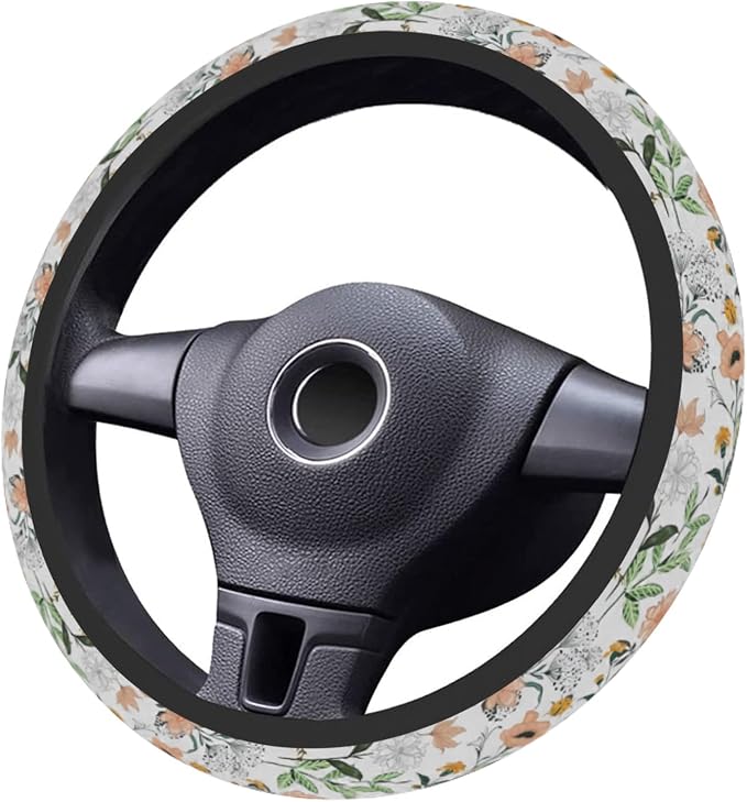 Car Steering Wheel Cover for Women Men, Non-Slip Botanical Floral Pattern with Ladybugs Steering Wheel Protector, Universal 14"-15" Fit for Cars, SUVs, Trucks