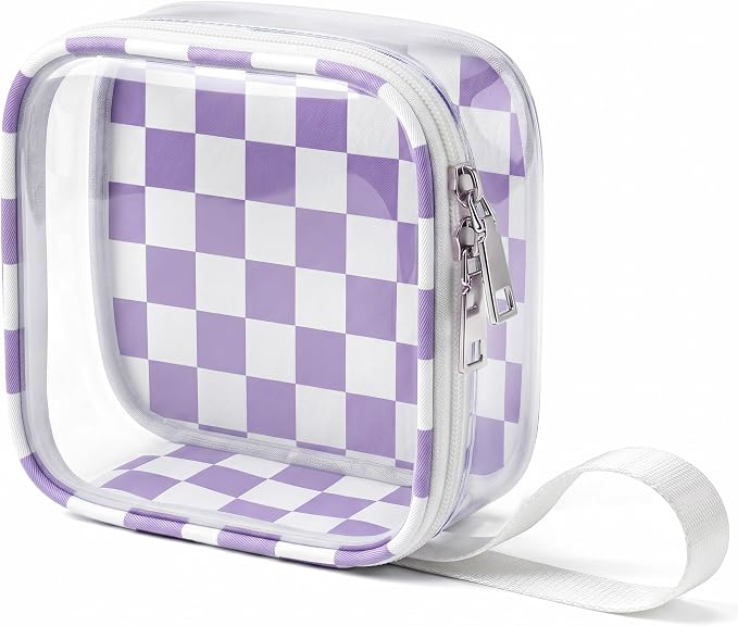 Preppy Cute Makeup Bag Travel Cosmetic Case Transparent Purple and Beige Checkered Toiletry Bag with Strap,Portable Make Up Organizer Traveling Compact Car Accessories for Girls