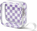 Preppy Cute Makeup Bag Travel Cosmetic Case Transparent Purple and Beige Checkered Toiletry Bag with Strap,Portable Make Up Organizer Traveling Compact Car Accessories for Girls