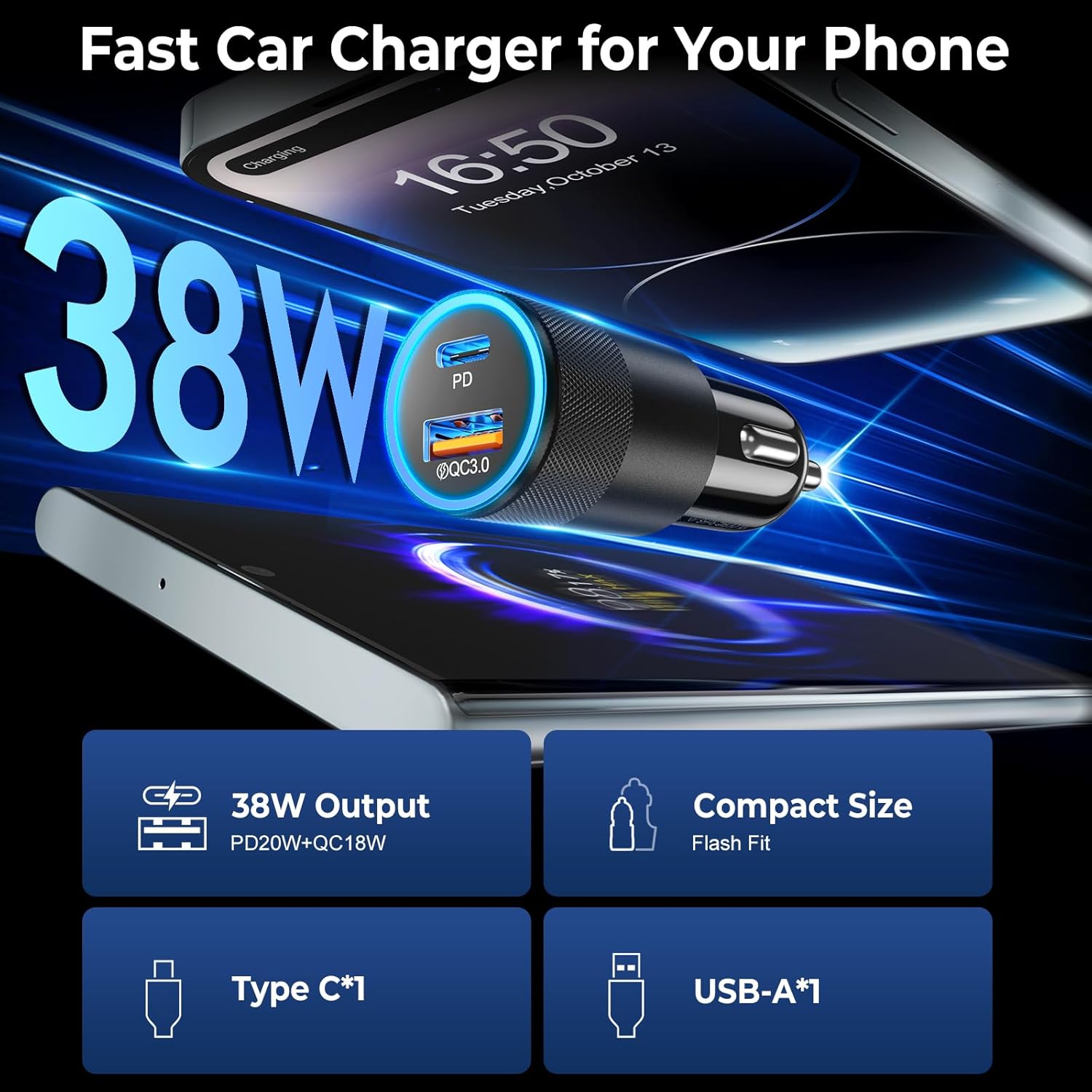 38W Dual USB-C Car Charger — Fast-Charging Adapter for Phones