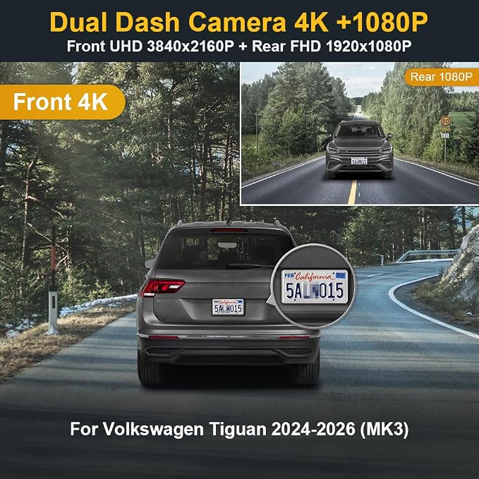 Front 4K+Rear 1080P Dash Cam Adapts for Volkswagen Tiguan 2024-2026 MK3 (Black Cover), Integrated OEM Look, 2 Way HD Video, WiFi & APP, Loop Recording, Parking Sensor, Easy to Use, 128GB Card