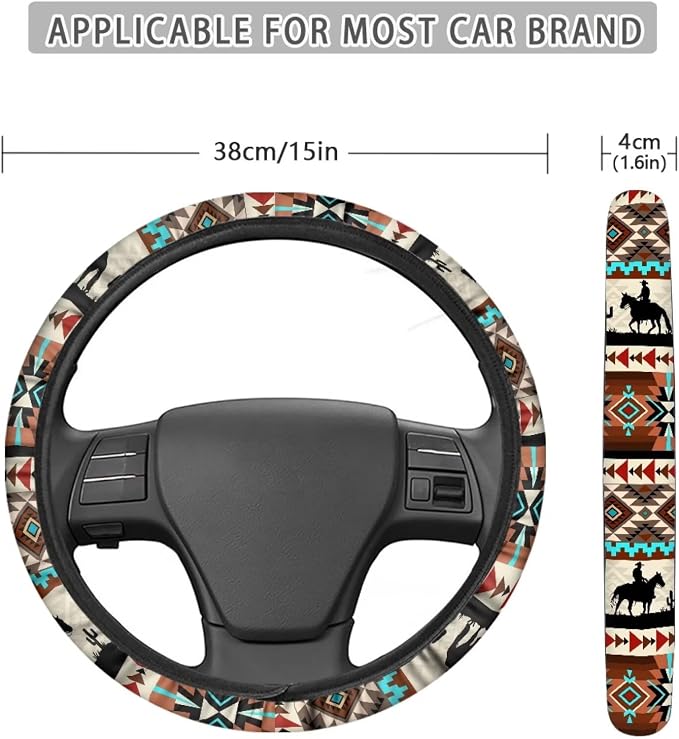 Car Steering Wheel Cover, 15 Inch Soft Breathable Steering Wheel Protector for Women Men, Universal Fit for SUV Sedan Van Truck, Aztec Horse Cowboy Cactus