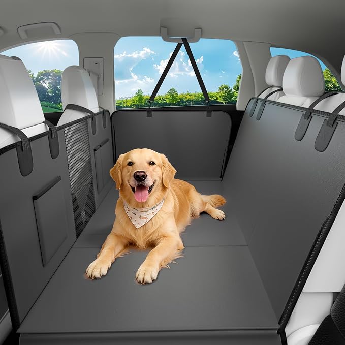 Hard Bottom Dog Car Seat Cover for Back Seat, 52"x65" Waterproof PU Leather Hammock with Side Flaps, Non-Slip Heavy Duty Protector for SUVs & Mid-Size Trucks, Supports Up to 450 lbs – Gray