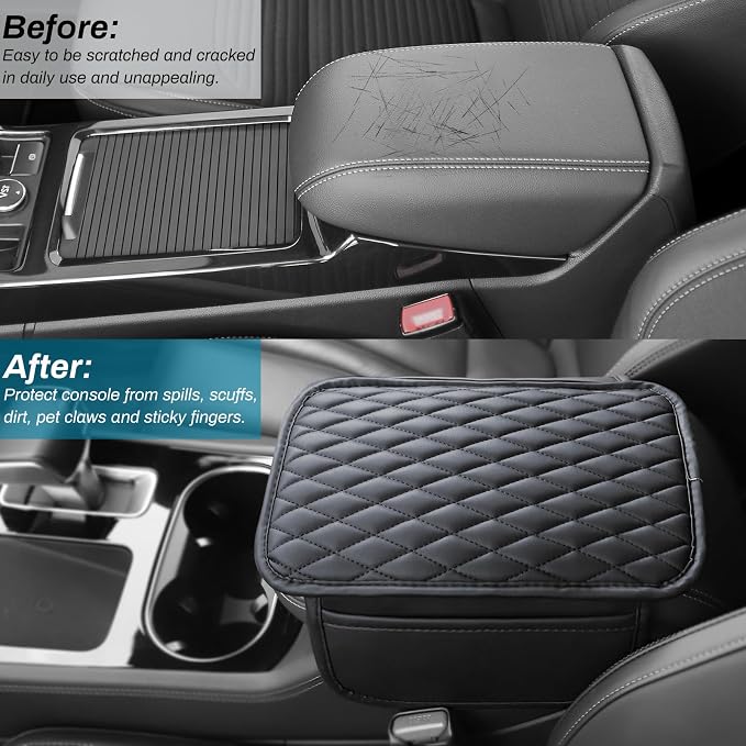 Car Center Console Cover, Upgraded Microfiber Leather Car Arm Rest Cover with 2 Storage Bags, Universal Armrest Cover for Car Storage Box Car Interior Accessories Protector for Most Vehicle