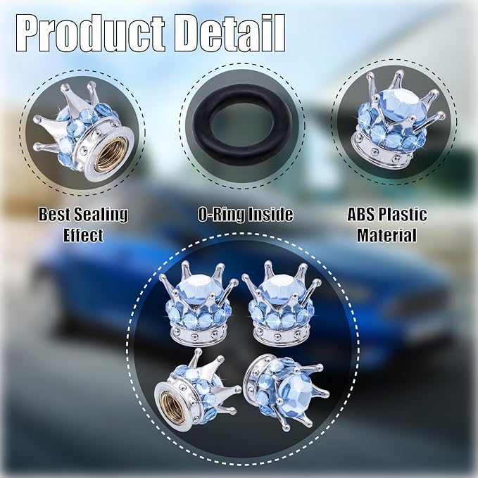 4PCS Crown Bling Tire Stem Valve Caps, Crystal Diamond Car Wheel Tire Valve Caps Universal Copper Core Stem Covers for Cars, SUV, Trucks, Bikes, Motorcycles, Bicycles (Silver & Blue)