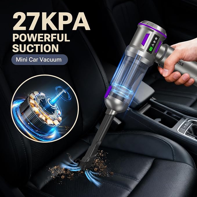 Mini Vacuum Cleaner, 2 in 1 27000PA Brushless Car Vacuum Air Duster 9000mAh Battery Air Blower Wireless Handheld Vacuum for Car,Office and Home (Dark Purple)