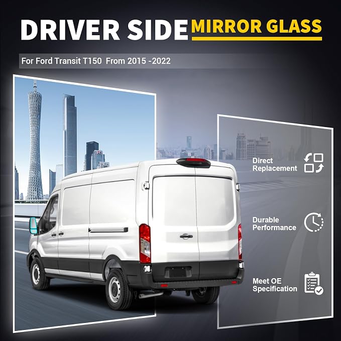 Driver Side Upper and Lower Mirror Glass Compatible with 2015-2025 Ford Transit 150 250 350 2023-2025 E-Transit Replace BK3Z17K707B CK4Z17K707B with Heating Elements