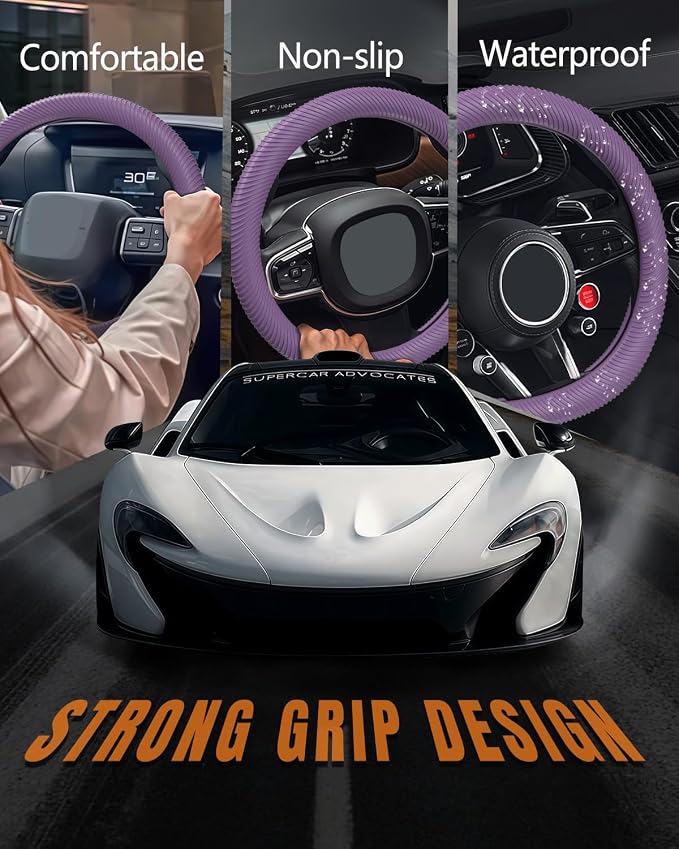 Car Steering Wheel Cover, Thin Anti-Skid Silicone Steering Wheel Cover for Men & Women, Universal Automotive Interior Accessories for Most Cars (Purple)