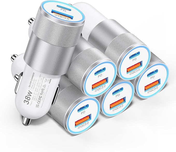 Car Charger USB C 6-Pack, 38W Dual Port Cigarette Lighter with PD3.0 + QC3.0 Type C Car Charger Adapter iPhone 16/15 Pro Max/Samsung Galaxy S24/S23/S22Plus/Ultra/,iPad Pro(White)