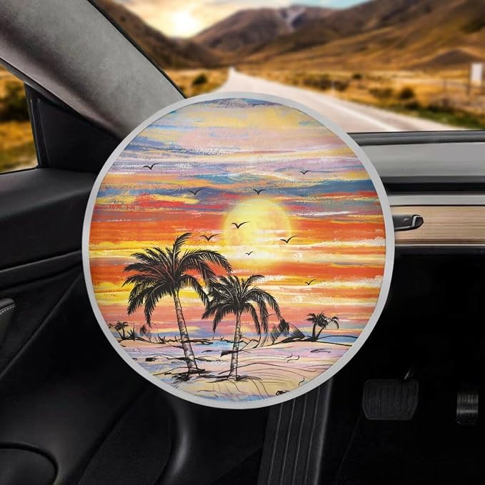 Universal Car Steering Wheel Sun Shade Cover, Heat-Resist Aluminum Foil Palm Tree Steering Wheel Cover for Most of Car SUV Truck Van