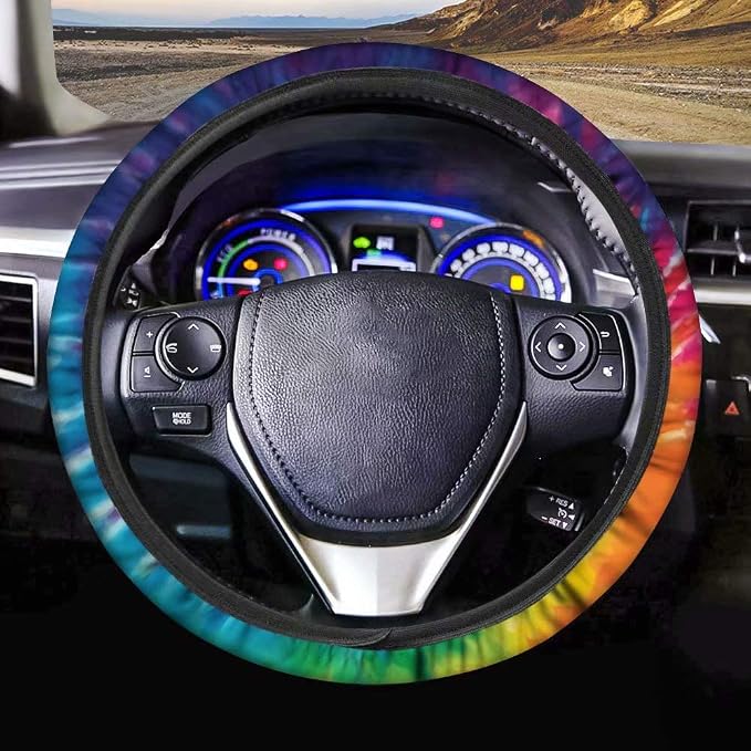 Tie Dye Car Steering Wheel Covers Breathable Sweat Absorption Comfort Grip Stretch-on Fabric Steering Wheel Protector Non-Slip Machine Washable Rainbow Colored