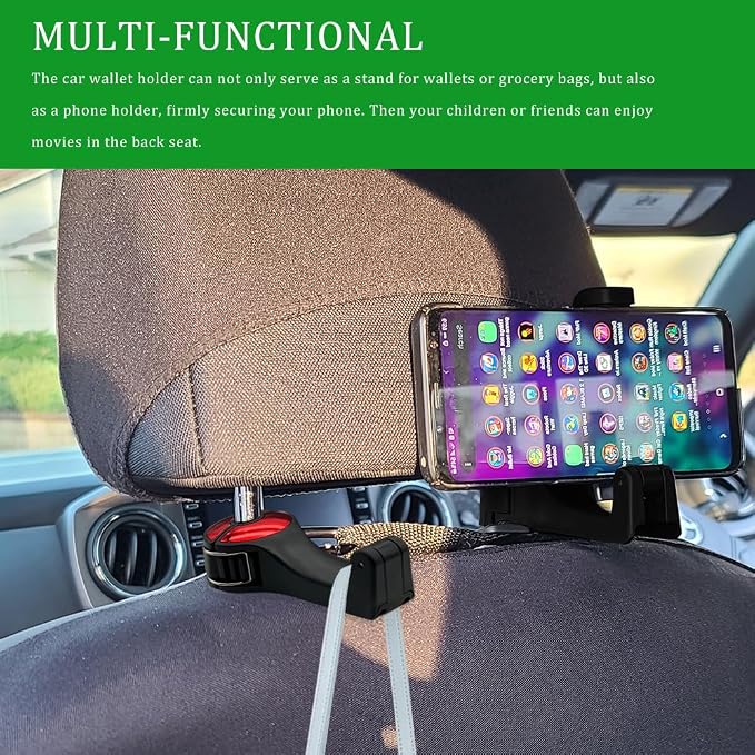 2PCS Car Headrest Hidden Hook, Purse Hook for Car, 2 in 1 Vehicle Back Seat Headrest Mobile Phone Holder, 360° Rotating Backseat Organizer for Handbag Clothes Grocery Fit Vehicles (Red)