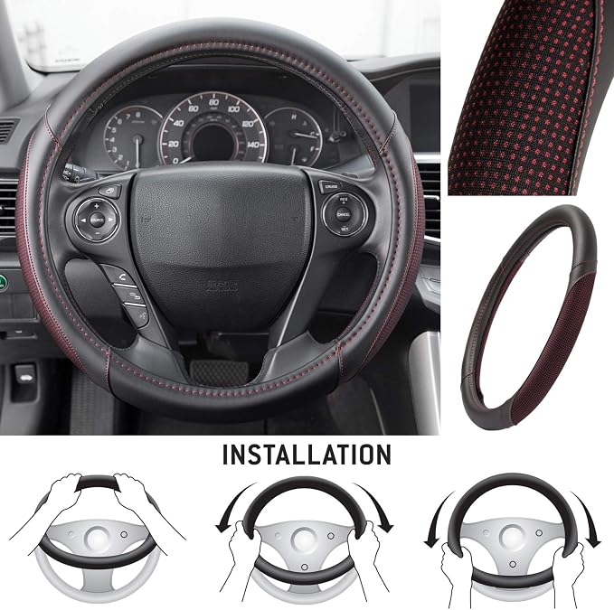 Wine Steering Wheel Cover - Dotted Comfort Polyester Grip on Stitched Synthetic Leather, Wine Stitching/Black
