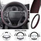 Wine Steering Wheel Cover - Dotted Comfort Polyester Grip on Stitched Synthetic Leather, Wine Stitching/Black