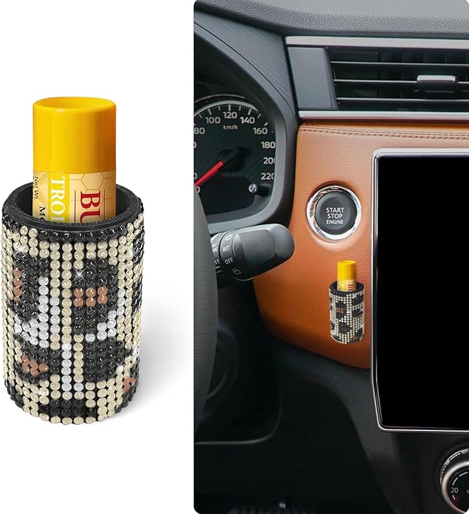 Upright Car Chapstick Holder, Bling Insulating Lip Balm Holder,Rhinestone Car Accessories for Women Interior,Suitable for Most Vehicles. (Leopard print)