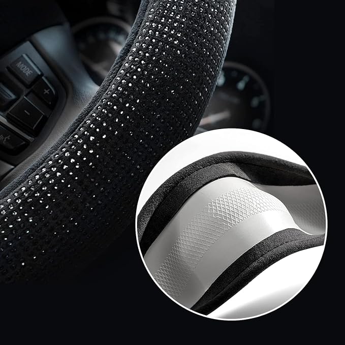 Steering Wheel Cover for Women 15 1/2 inches-16 inches Bling Bling Crystal Diamond Sparkling for F150 F250 F350 Ram 4Runner Tacoma Tundra Range Rover (Black with Black Diamond)