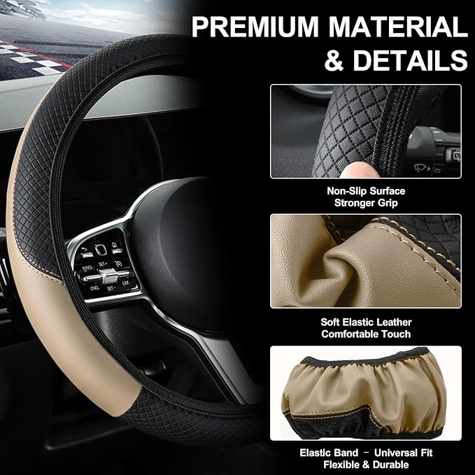 Car Steering Wheel Cover, 15 inch Carbon Fiber Microfiber Anti-Slip Breathable PU Leather Elastic Steering Wheel Protector, Car Interior Accessories for Most Cars (AD-Beige)
