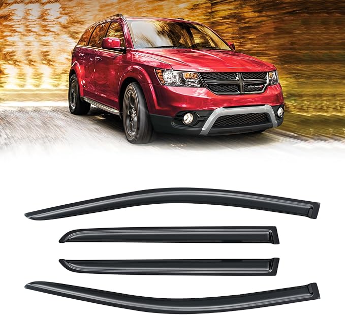 Rain Guards for 2009-2020 Dodge Journey, Out-Channel Window Visor Shields Vent Deflector Shade Wind Dark Smoke 2010 2011 2012 2013 2014 2015 2016 2017 2018 2019, Tape-On Outside-Mount, 4PCS