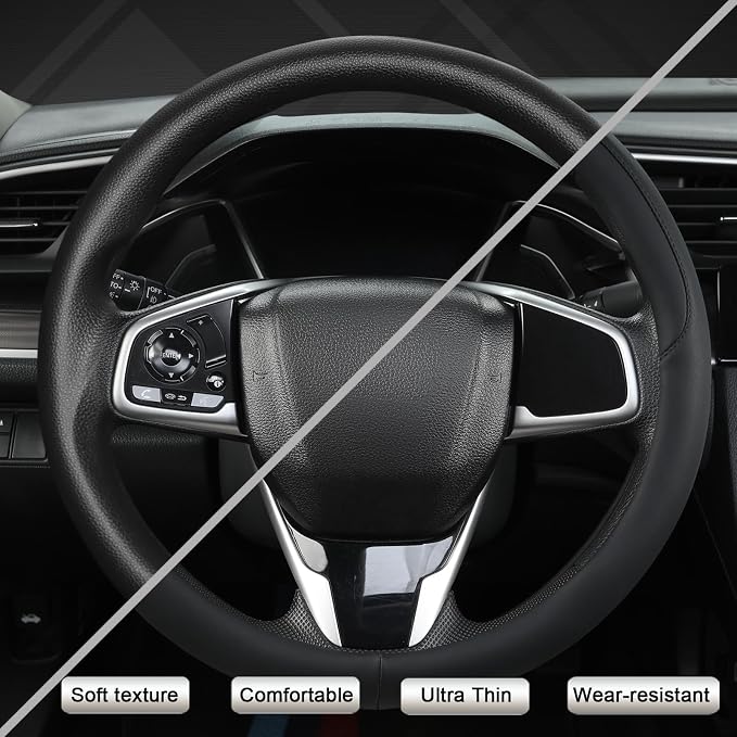 Thin Slim Car Steering Wheel Cover, Universal 14.5-15 inch Nappa Leather Steering Wheel Cover, Ultra Thin, Anti-Slip, Breathable(Black-Standard Size)