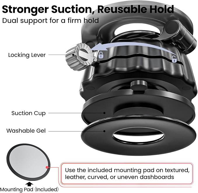 Strong Suction Cup Magnetic Car Phone Holder for iPhone & Android Phones, Shock-Resistant Phone Mount for Dashboard Windshield, 360° Rotation, Heavy-Duty, Foldable, Hands-Free, Ideal for Navigation